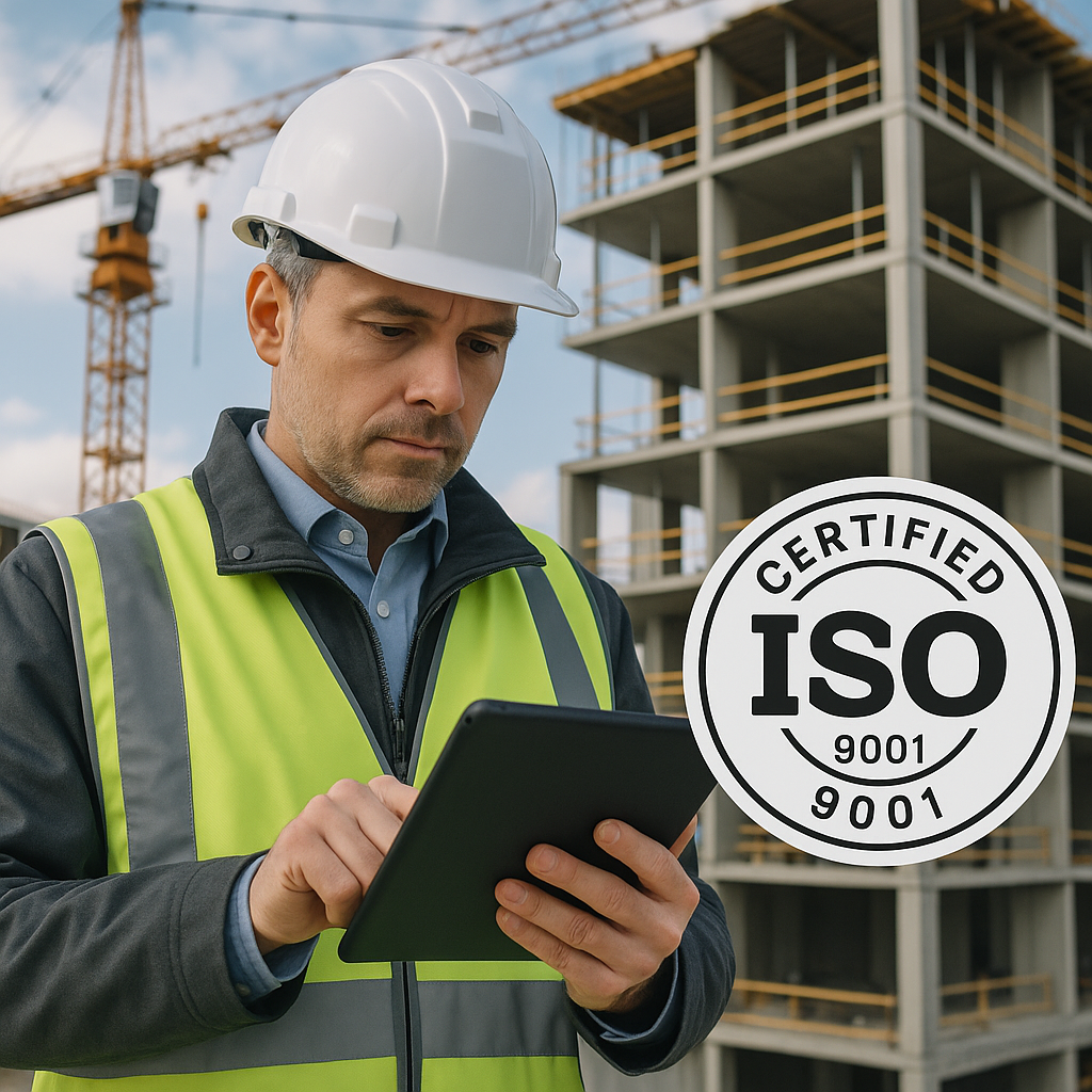 A construction site supervisor reviewing quality d